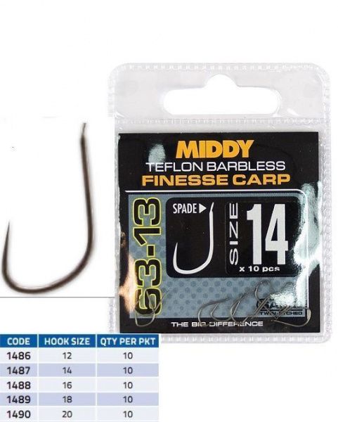 1487 крючки MIDDY T63-13 Finesse Carp Spade Hooks 14s (10pc pkt)